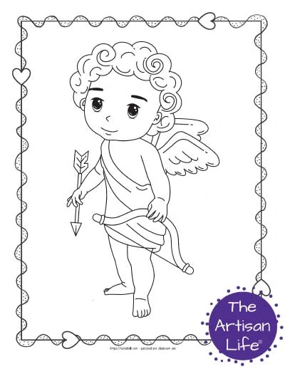 A Valentine's Day coloring page for kids with a cute cartoon Cupid standing up and holding his bow and arrow