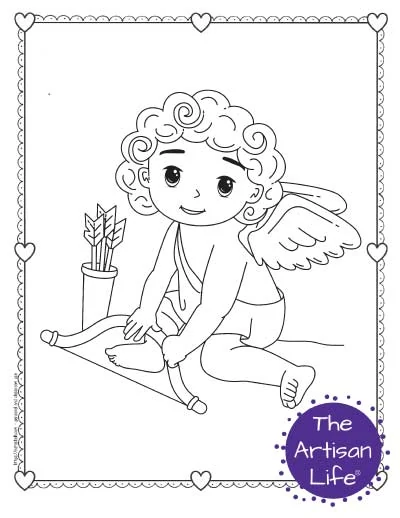 A Valentine's Day coloring page for kids featuring a cute cartoon Cupid sitting down holding his bow next to a quiver of arrows