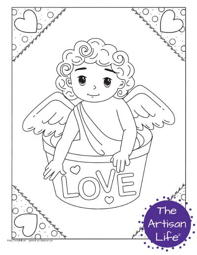 A Valentine's Day coloring page for kids featuring a cute cartoon Cupid sitting in a bucket with the word "love" on it