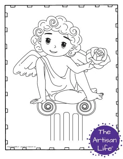 A Valentine's Day coloring page for kids featuring a cute cartoon Cupid sitting on an Ionic column with a rose