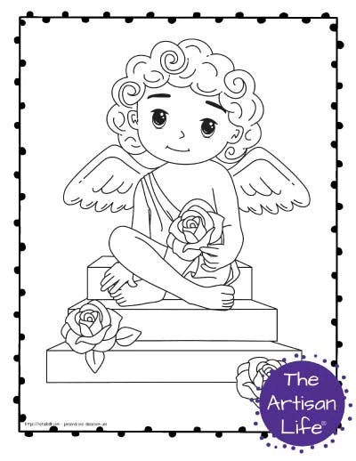 A Valentine's Day coloring page for kids featuring a cute cartoon Cupid sitting on steps with roses.