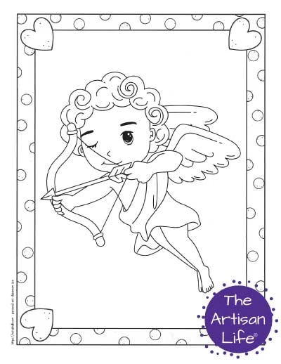 A Valentine's Day coloring page for kids with a cute cartoon Cupid flying and taking aim with his bow