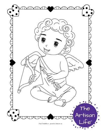 A Valentine's Day coloring page for kids with a cute cartoon Cupid sitting down holding his bow and arrow