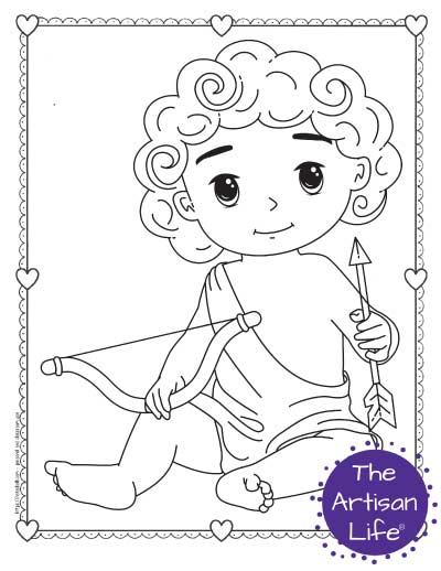 A Valentine's Day coloring page for kids with a cute cartoon Cupid sitting holding his bow and an arrow