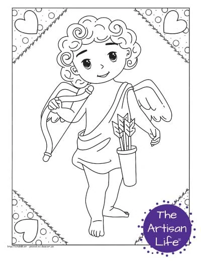 A Valentine's Day coloring page for kids with a cute cartoon Cupid standing holding his bow
