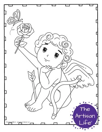 A Valentine's Day coloring page for kids with a cute cartoon Cupid sitting with an arrow between his feet. He is holding a rose up to the air and a butterfly is flying towards the rose.