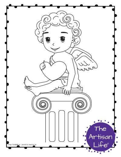 A Valentine's Day coloring page for kids with a cute cartoon Cupid sitting on an Ionic column holding a heart