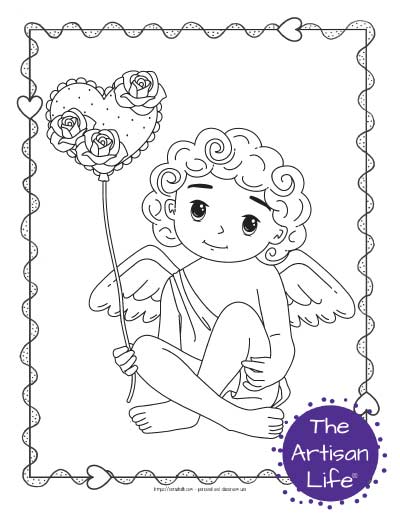 A Valentine's Day coloring page for kids with a cute cartoon Cupid sitting and holding a heart shaped balloon with roses on it