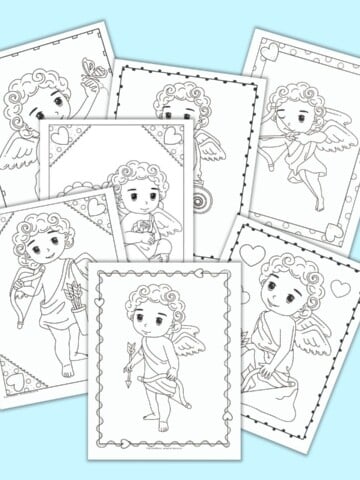 a flatly mockup of 7 printable Cupid coloring pages for Valentine's Day on a light blue background. Each page has a doodle border and a large, cute Cupid illustration to color