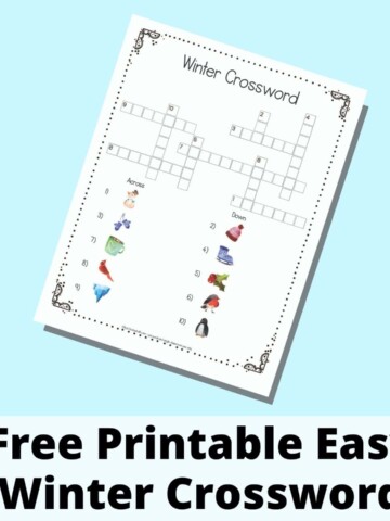 text "free printable easy winter crossword" on a blue background with a picture of a printable winter crossword puzzle with 10 image-based clues instead of text clues.