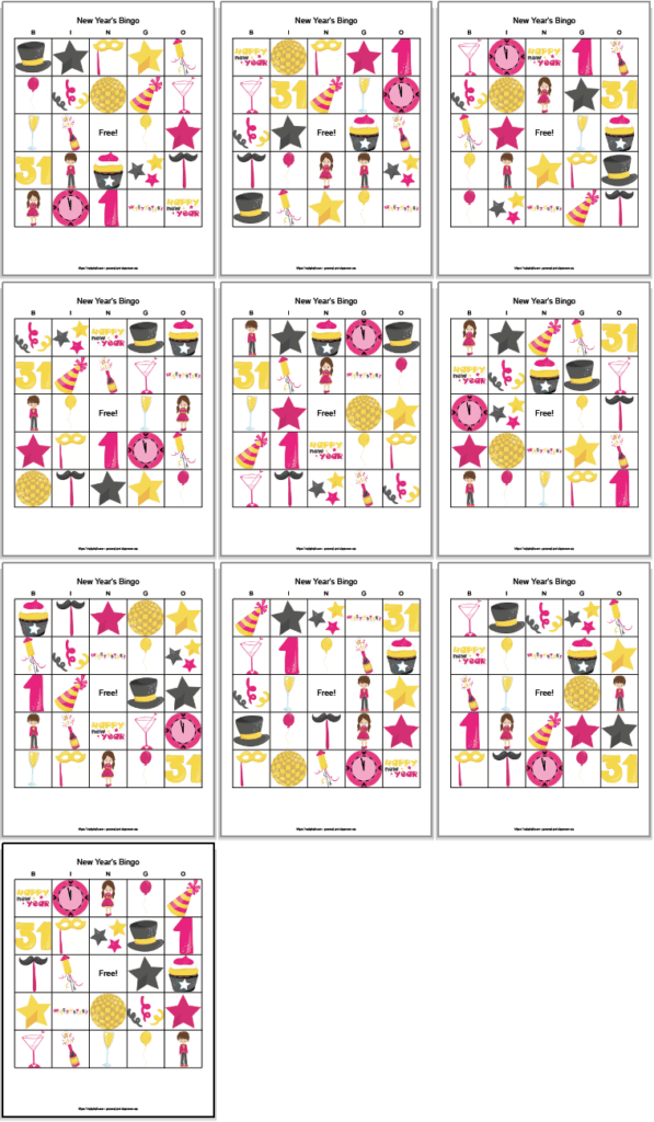 A screenshot of 10 printable New Year's Eve bingo boards. There is a 3x3 grid with a 10th board on a bottom row by itself.