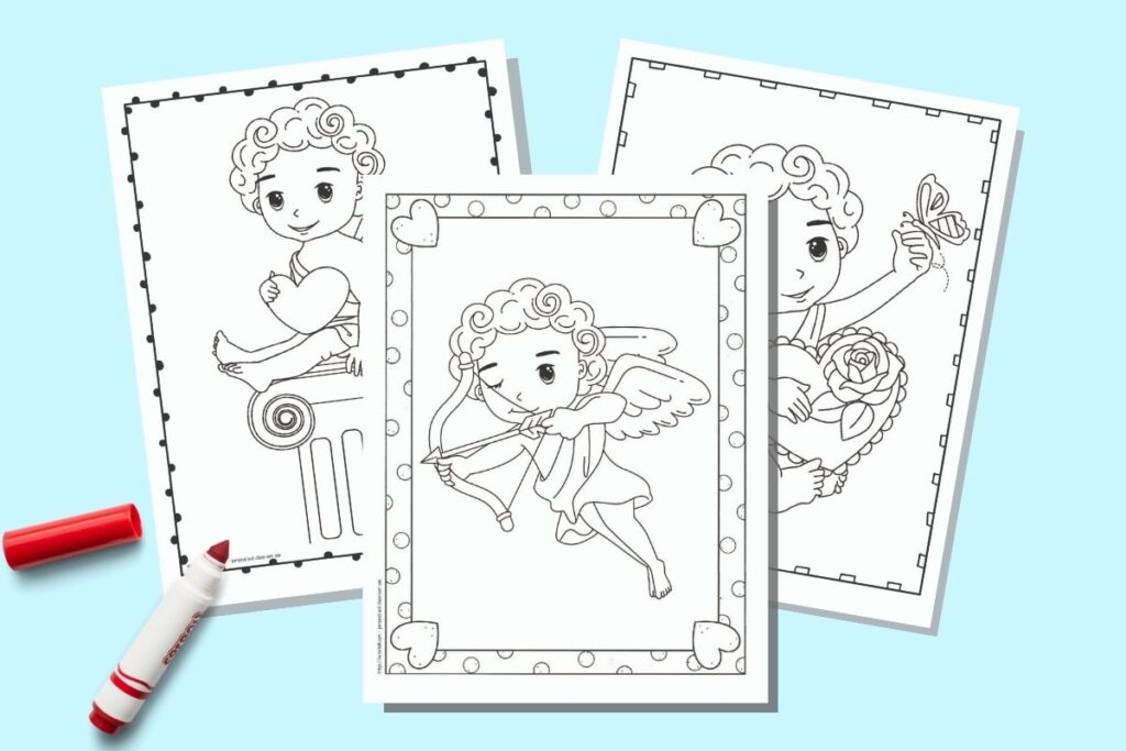 Three printable Cupid coloring pages for Valentine's Day on a blue background with an uncapped red children's marker. The coloring pages each have a doodle frame and a cute cartoon illustration of Cupid in black and white to color.