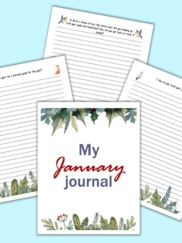 A preview of four printable journal pages for January on a light blue background. The front and center image says "my January journal." The three pages behind are lined with a journaling prompt at the top of each page.
