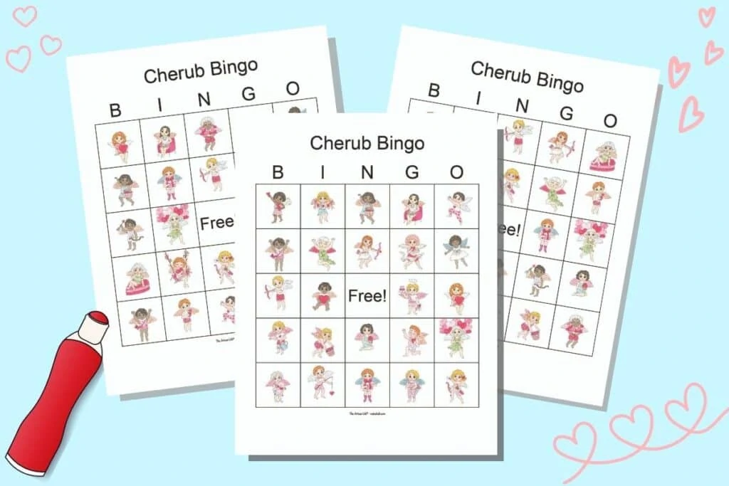 Three Valentine cherub bingo cards on a blue background. The cards feature diverse cartoon winged Valentine cherubs doing a variety of things like holding a heart banner, flying, holding balloons, running and more. 