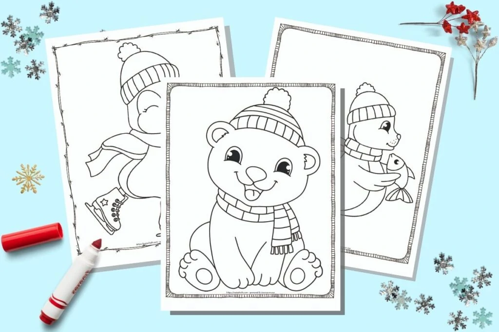 Three printable winter animal coloring pages on a blue background. The animals re a cute polar bear in hat and scarf, a seal with a fish, and an ice skating penguin. The pages on a blue background with a red child's marker and snowflake shaped confetti