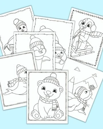 7 free printable winter animal coloring pages with polar bears, seals, and penguins. The pages all have a doodle border around the coloring page. The pages are on a light blue background.