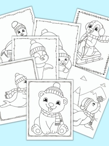 7 free printable winter animal coloring pages with polar bears, seals, and penguins. The pages all have a doodle border around the coloring page. The pages are on a light blue background.
