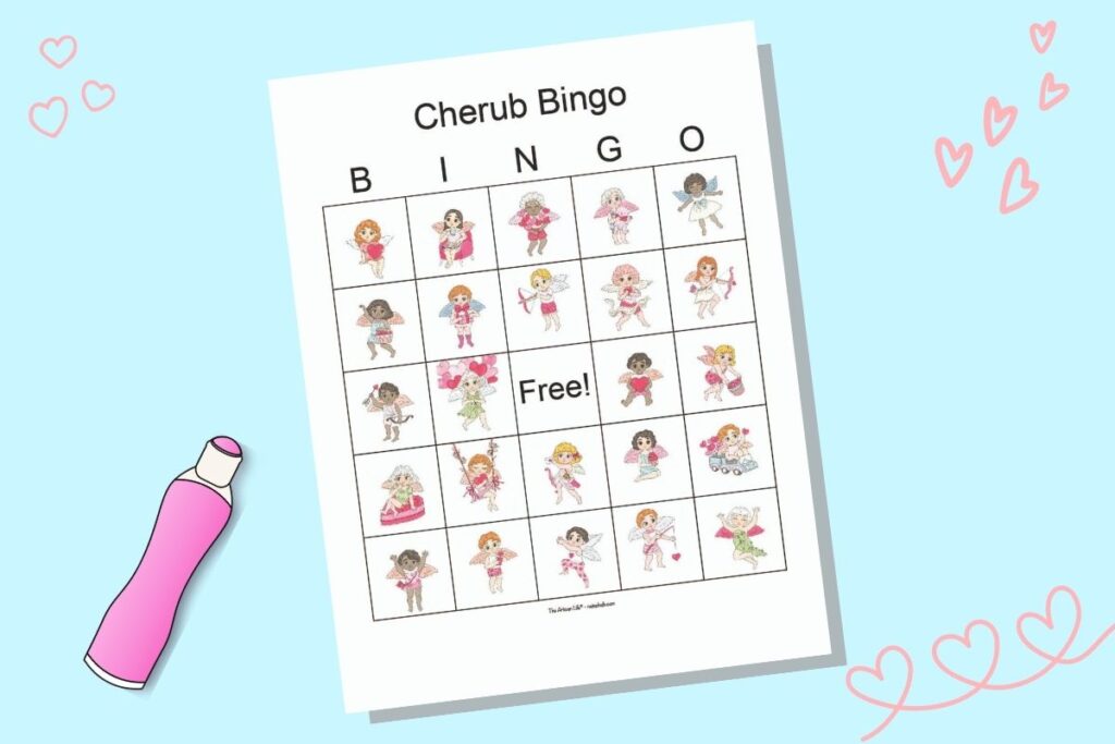 A free printable cherub themed bingo card for Valentine's Day with 24 diverse winged cherubs. The card is on a light blue background with a cartoon pink dot marker and doodle heart drawings. 