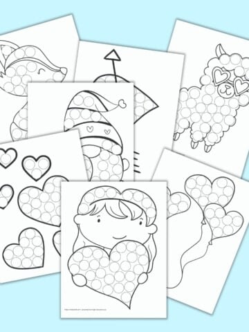 7 printable Valentine's Day do a dot marker printables on a blue background. The pages each feature a large Valentine's image to color in by filling the circles covering the page. Pictures include hearts, balloons, a girl with a heart, a Valentine gnome, a fox, and a llama