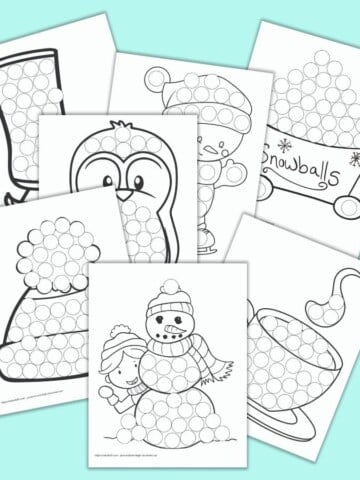 A square image with a stack of printable mockups. The printables are children's do a dot marker pages with black and white winter themed drawings filled with circles to color with dot markers. The bottom front image is a child hiding behind a snowman. Behind is a winter hat, a cup of hot chocolate, a penguin, a skating snowman, a bin of snowballs, and an ice skate