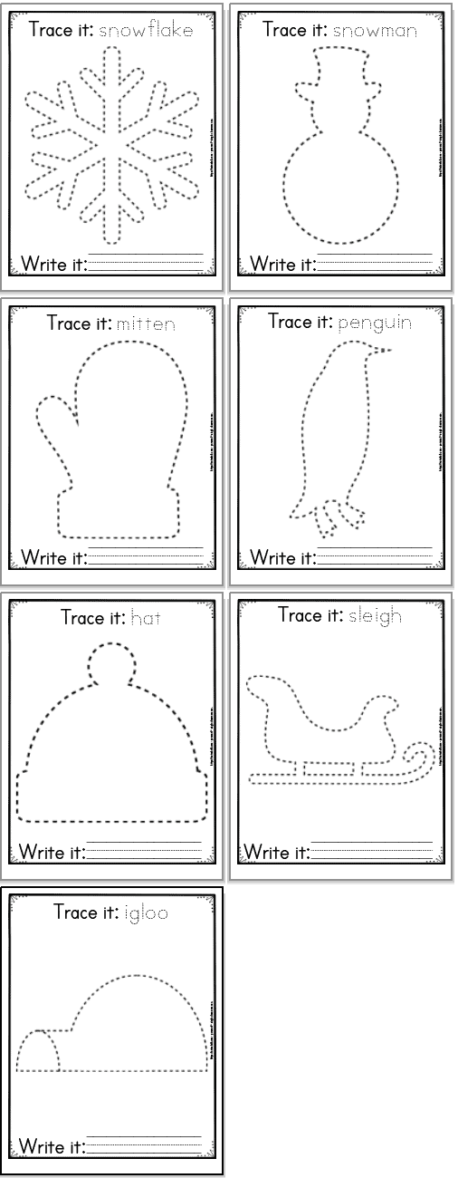 Seven printable winter themed tracing images arranged in a 2x3 grid with the final image on a line by itself. The images each have a caption with the picture's name to trace and a line for writing the word independently. Images are: a snowflake, a snowman, a mitten, a penguin, a hat, a sleigh, and an igloo