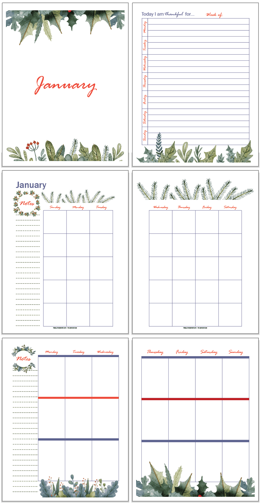 Six January planner pages