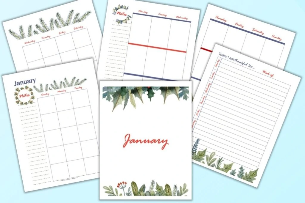 A flatly mockup of 6 printable January planner pages, including a vertical two page monthly layout, gratitude journal page, cover page, and two page vertical weekly spread. The planner pages feature watercolor greenery and are shown on a light blue background.