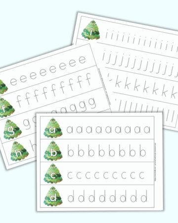 A preview of three printable alphabet tracing pages for preschoolers. Each page has four rows with one letter per line - a, b, c, etc. A large bubble letter is on a Christmas tree on the left. To the right is a line of dotted letters to trace.