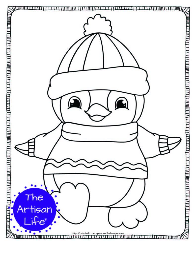 a coloring page with a cute baby penguin walking in a sweater and hat