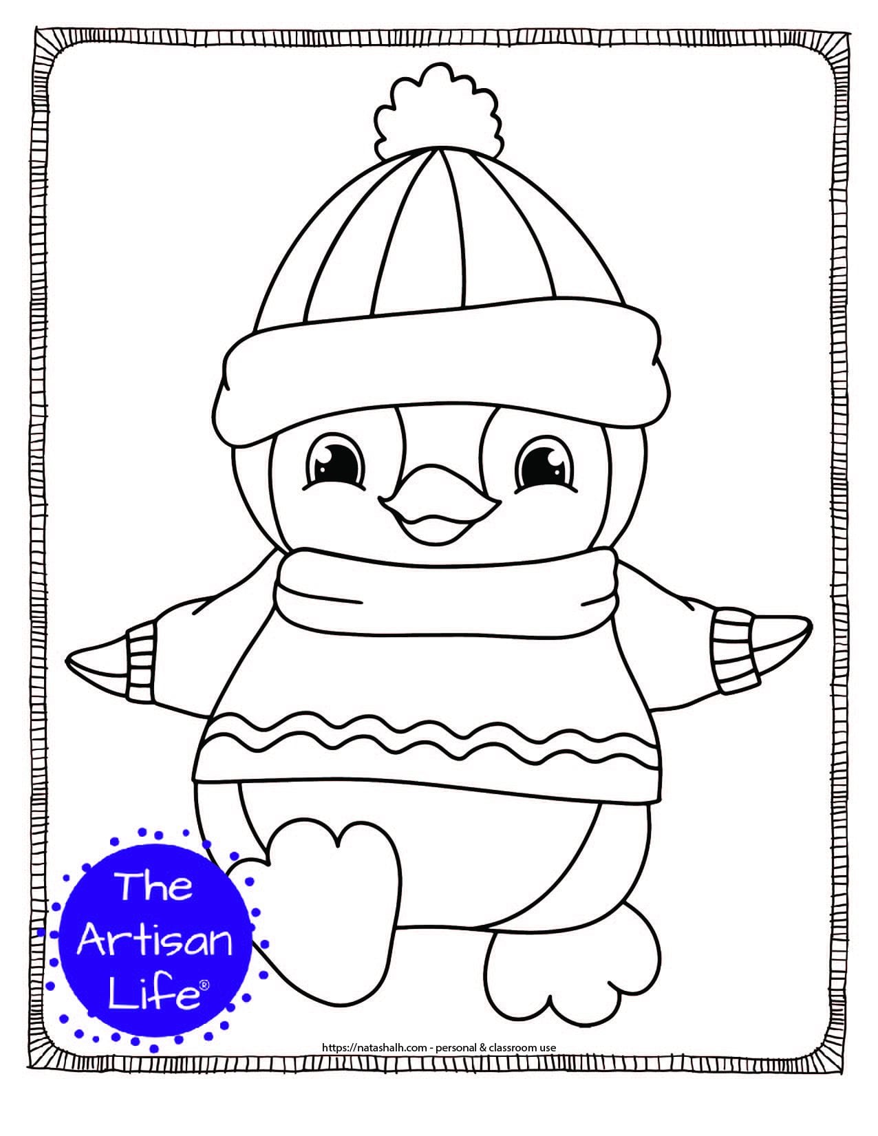 a coloring page with a cute baby penguin walking in a sweater and hat