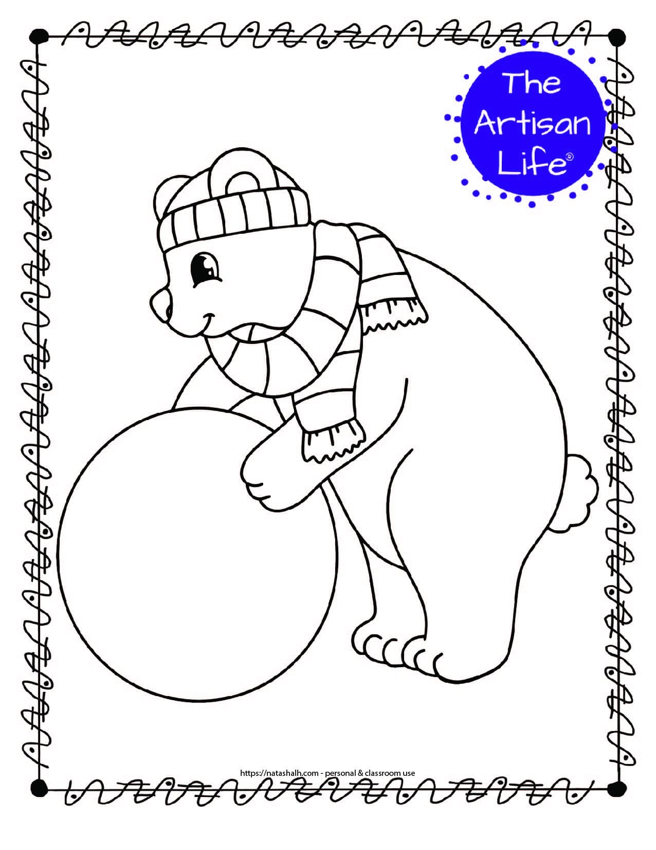 a coloring page with a polar bear rolling a large snowball