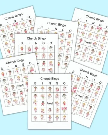 7 printable Valentine cherub bingo cards with 24 cherub images on each card. The printable cards on are on a blue background.