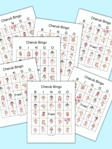7 printable Valentine cherub bingo cards with 24 cherub images on each card. The printable cards on are on a blue background.