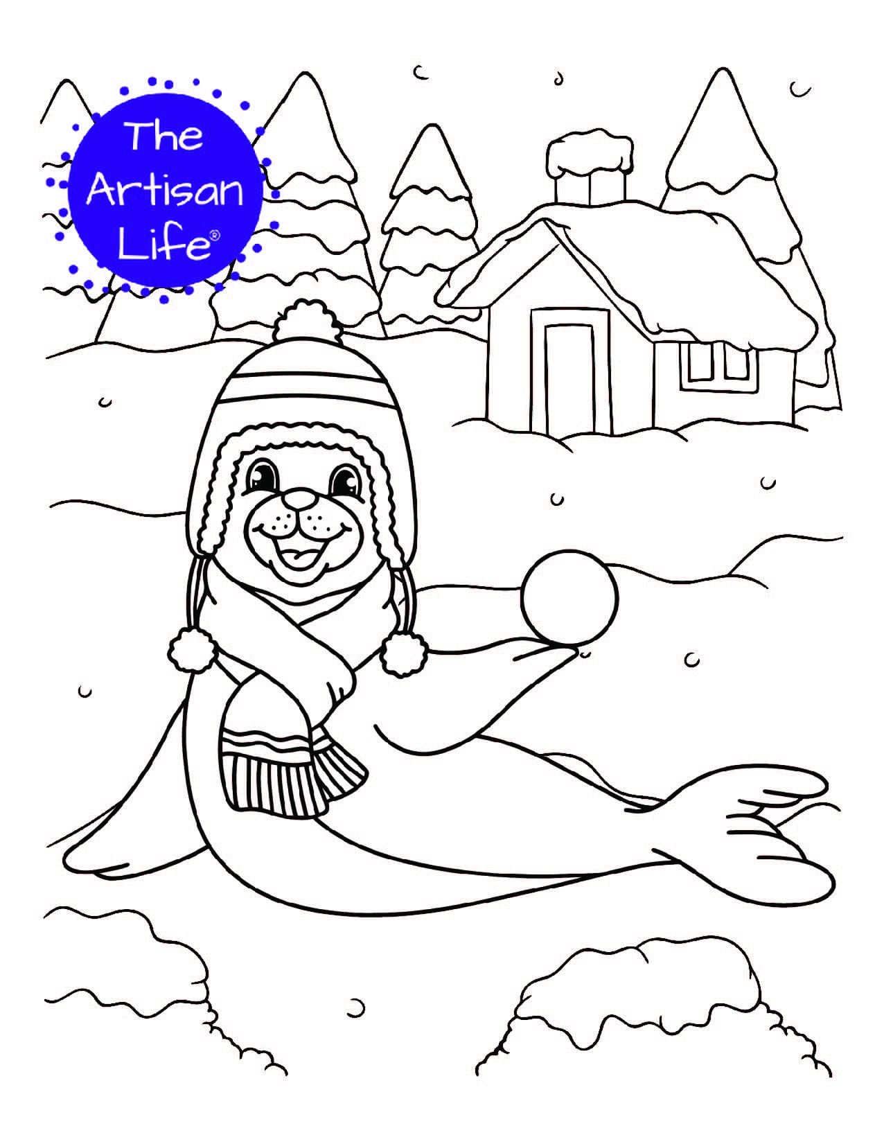 a coloring page with a seal wearing a hat and scarf holding a snowball. Behind is a scene with snowy trees and a house.