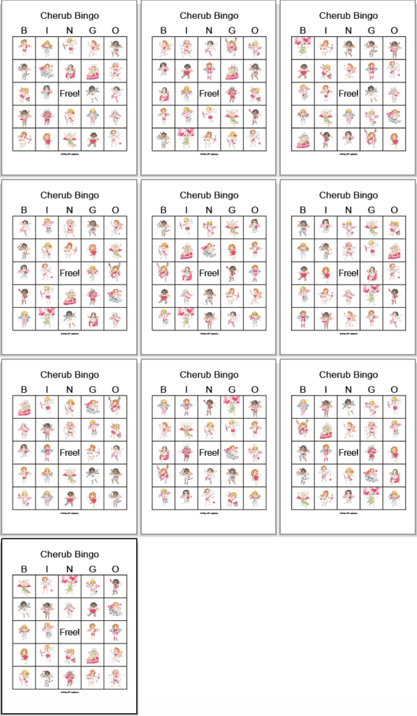 A 3x3 grid of printable cherub bingo cards for Valentine's Day with a 10th card by itself on the final row. Each card has 24 cartoon cherub images and a free space in the center.