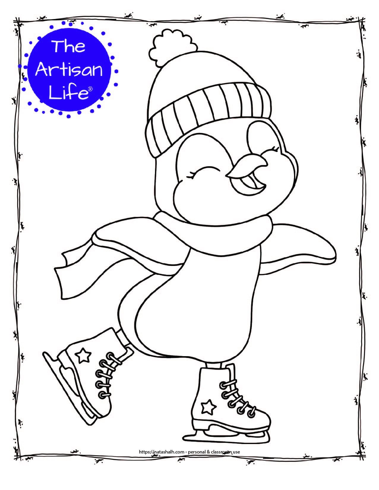 a coloring page with a happy ice skating penguin wearing a scarf and toboggan hat
