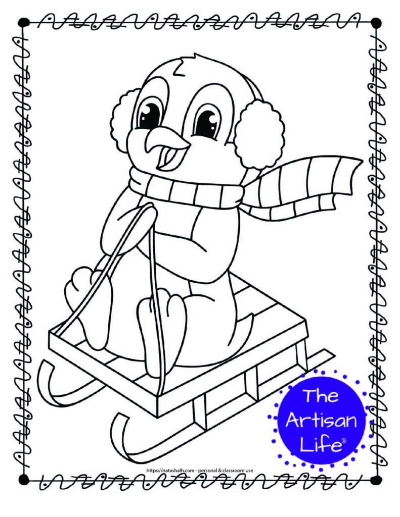 cute sledding penguin coloring page with a doodle frame