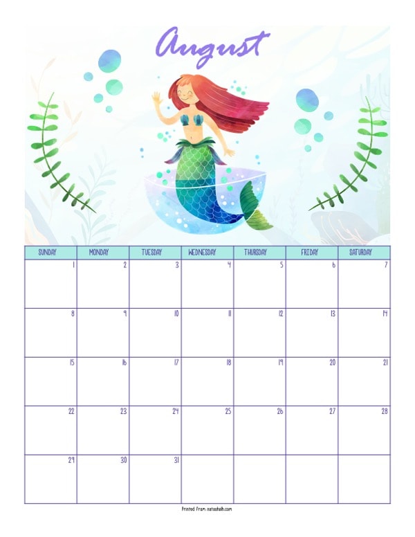 A printable August 2021 calendar with a mermaid theme. The page says "August" at the top in purple script. Below is a red haired mermaid in a cup with bubbles. She is between two green pieces of sea grass. Below is a dated August 2021 calendar. 
