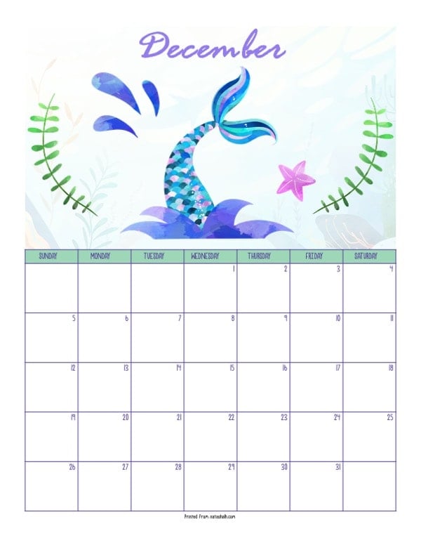 A printable December 2021 calendar with a mermaid theme. The page says "December" at the top in purple script. Below is a blue mermaid tail splashing into the water. It is between two green pieces of sea grass. Below is a dated December 2021 calendar. 