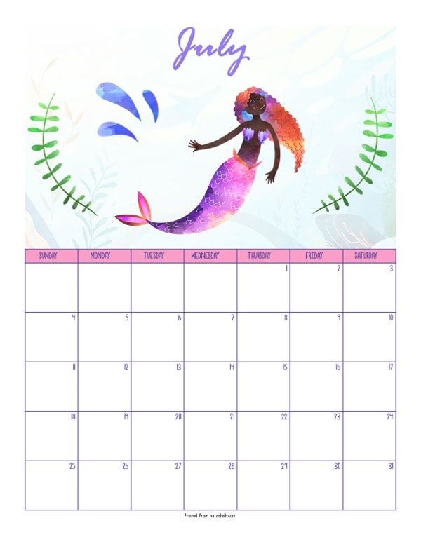 A printable July 2021 calendar with a mermaid theme. The page says "July" at the top in purple script. Below is a dark-skinned mermaid with a pink tail. She is between two green pieces of sea grass. Below the mermaid is a dated July 2021 calendar. 