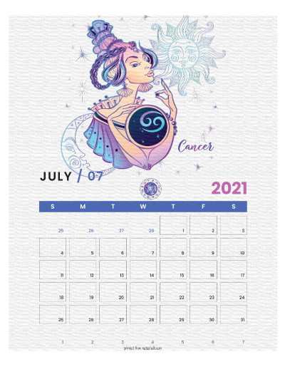 A printable monthly calendar page for July 2021 with a Cancer theme. The illustrations are pink, purple, and blue.