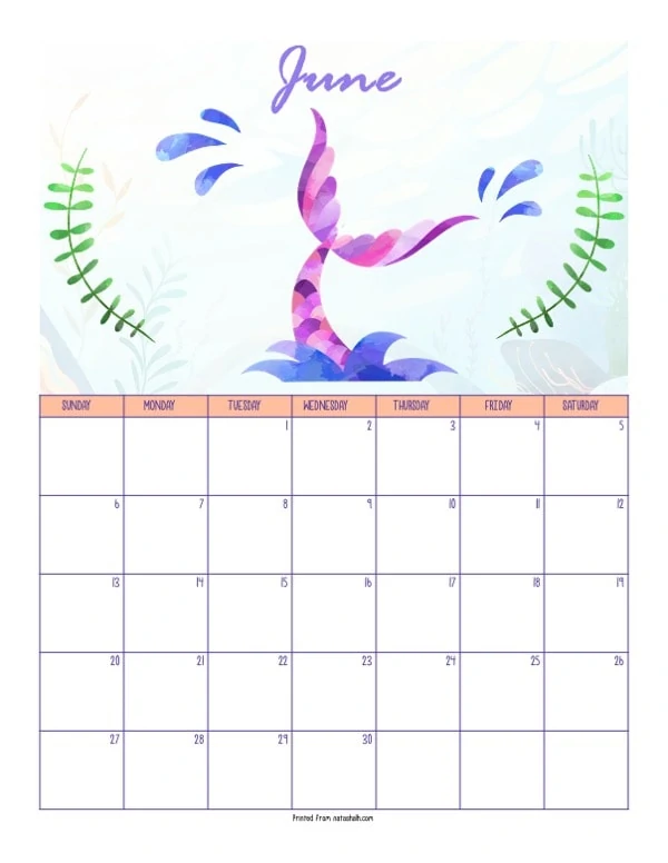 A printable June 2021 calendar with a mermaid theme. The page says "June" at the top in purple script. Below is a pink mermaid tail splashing into the water. It is between two green pieces of sea grass. Below is a dated June 2021 calendar. 