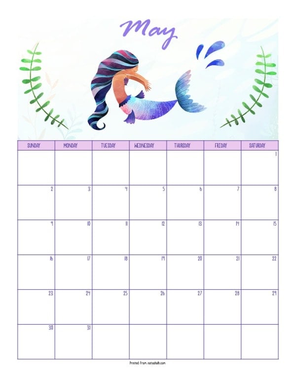 A printable May 2021 calendar with a mermaid theme. The page says "May" at the top in purple script. Below is a blue and pink tailed mermaid with a splash coming off her tail. She is between two green pieces of sea grass. Below is a dated May 2021 calendar. 
