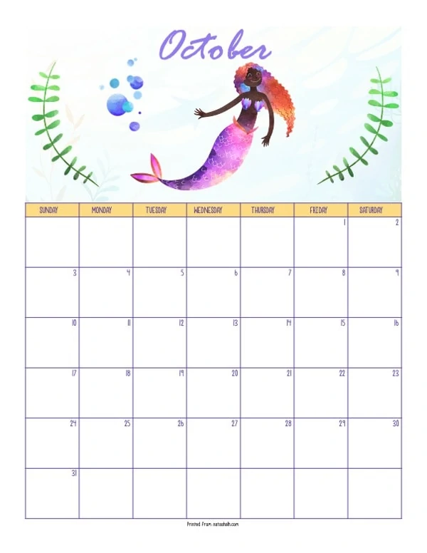 A printable October 2021 calendar with a mermaid theme. The page says "October" at the top in purple script. Below is a mermaid with dark skin and a pink tail. She is between two green pieces of sea grass. Below is a dated October 2021 calendar. 