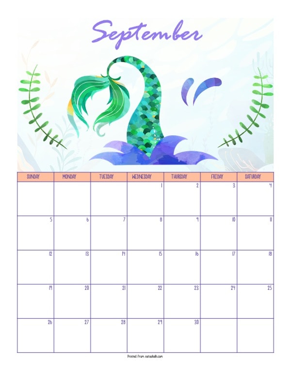 A printable September 2021 calendar with a mermaid theme. The page says "September" at the top in purple script. Below is a green mermaid tail splashing into the water. It is between two green pieces of sea grass. Below is a dated September 2021 calendar. 