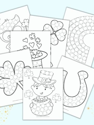 a preview of seven printable St. Patrick's Day do a dot pages for toddlers and preschoolers. Each page has a large black and white image filled with circles to dot in with a bingo dauber.