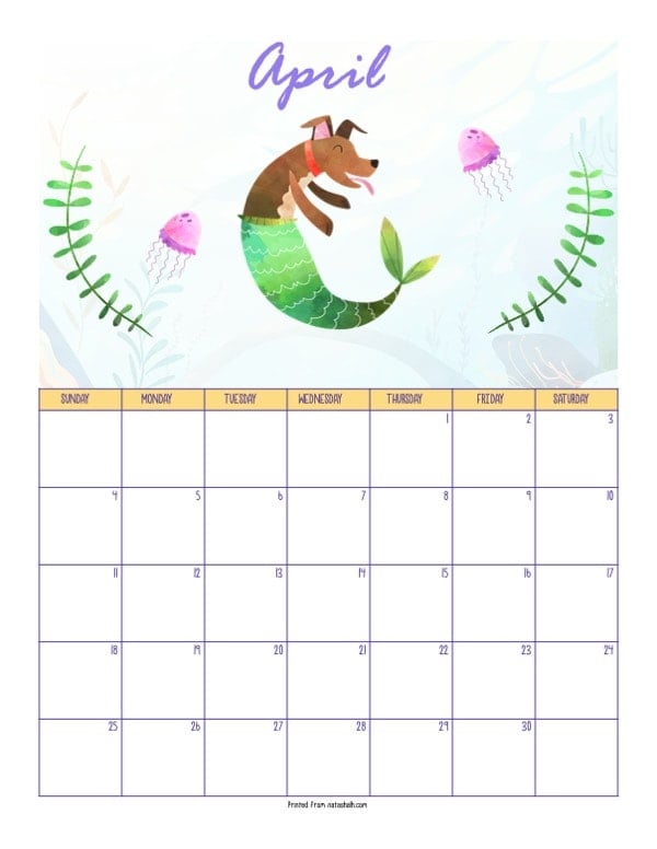A printable April 2021 calendar with a mermaid theme. The page says "April" at the top in purple script. Below is mer-dog with a green tail. The merdog is brown with a red collar. She is between two pink jellyfish and green pieces of sea grass. Below is a dated April 2021 calendar. 