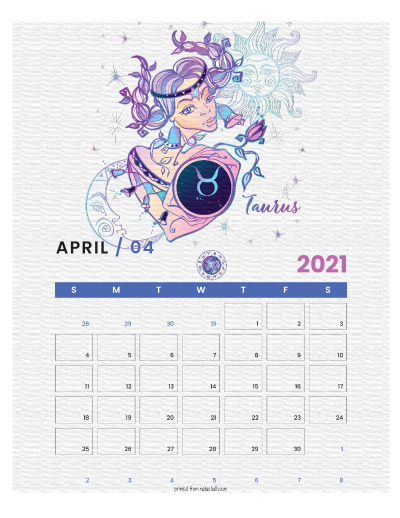 A printable monthly calendar page for April 2021 with a Taurus theme. The illustrations are pink, purple, and blue.