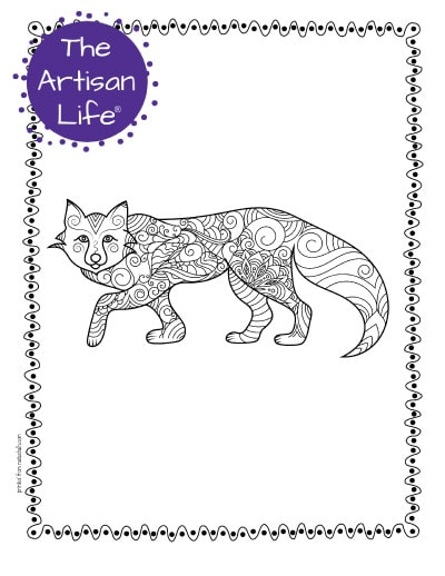 A preview of a walking arctic fox coloring page for adults. The fox has hand drawn doodles to color and the page is bordered by a doodle frame. A purple round logo reading "the artisan life®" is in the corner.