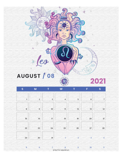 A printable monthly calendar page for August 2021 with a Leo theme. The illustrations are pink, purple, and blue.